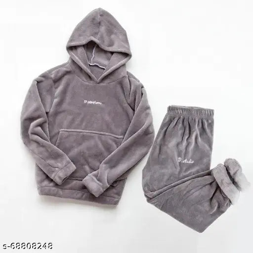 Women's wool winter nightsuit with hood, soft, comfortable, and warm for winters, solid pattern, long sleeves, available in sizes M-XXL, made in India