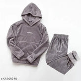 Women's wool winter nightsuit with hood, soft, comfortable, and warm for winters, solid pattern, long sleeves, available in sizes M-XXL, made in India