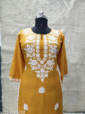 Rayon Chikankari embroidered straight calf length kurta and plazo, featuring floral detail, three-quarter sleeves, and round neck. Indian handcrafted rayon bottomwear