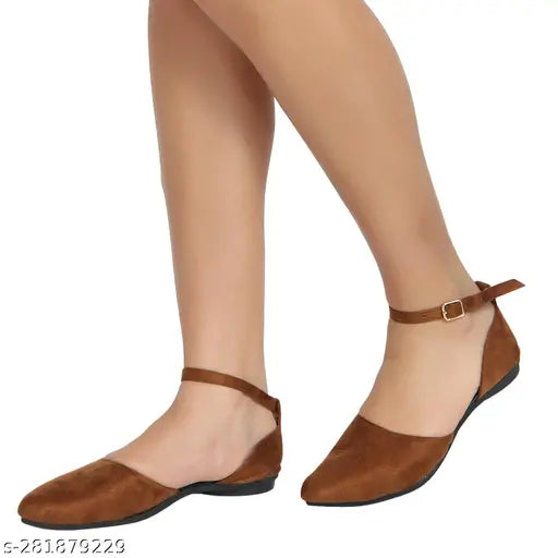 Brown velvet ankle strap flats for parties and daily wear, fashionable, comfortable, peach color, stylish bellies footwear