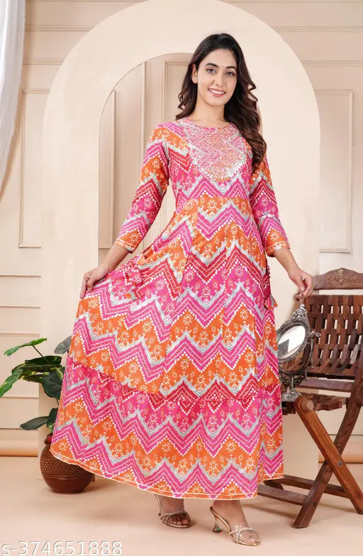 Premium rayon, heavy gold foil printed Anarkali Kurta with embroidery. Indian women's full-length fashion outfit with three-quarter sleeves