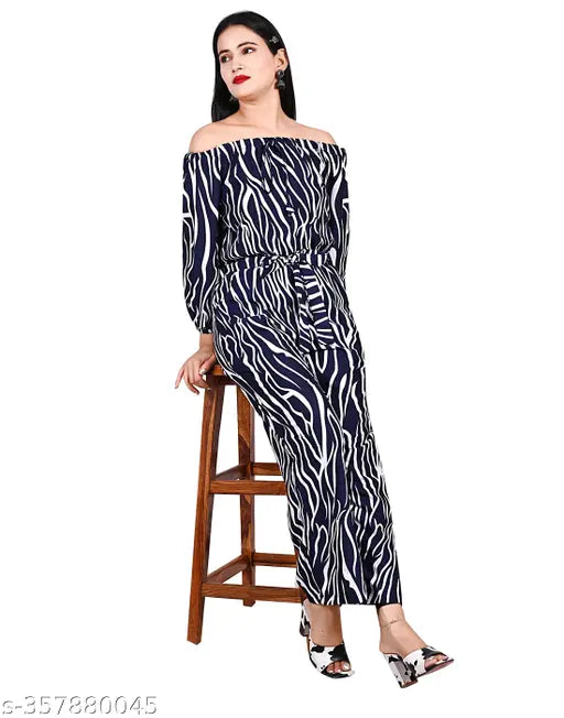 Navy Blue Poly Crepe Off-Shoulder Jumpsuit with Zebra Print, women's full sleeve style by SHIVAYA SE, pack of 1