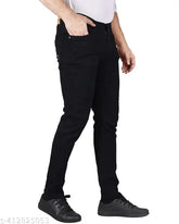 Men's black denim slim mid-rise stylish jeans, solid pattern. Jeans on mannequin with size details visible