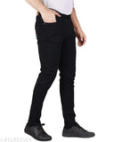 Men's black denim slim mid-rise stylish jeans, solid pattern. Jeans on mannequin with size details visible