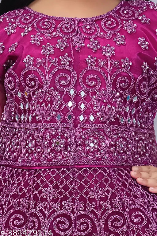 Printed net A-line Girls lahenga choli with three-quarter sleeves, mirror work ensemble for Indian weddings and cultural events