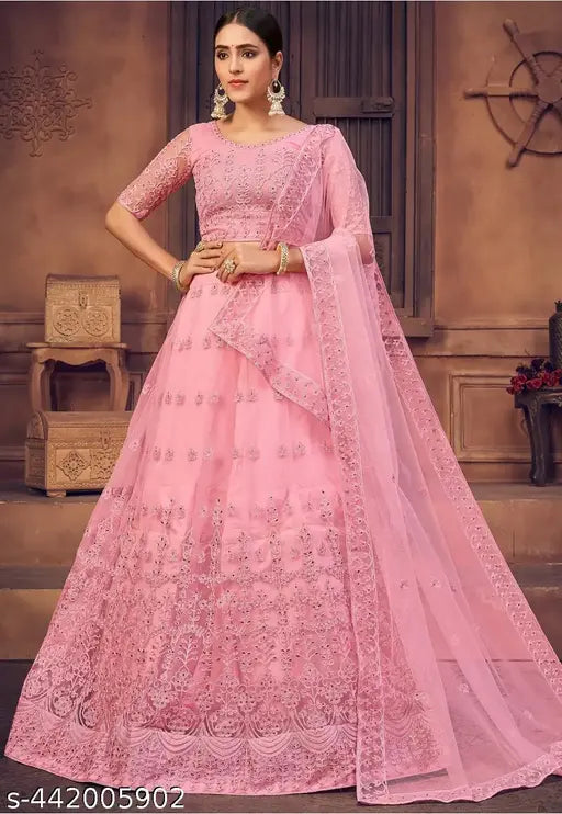 Designer pink net embroidered Lehenga choli, semi-stitched & unstitched, free size from India