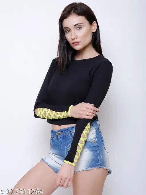 Black cotton women's top, long sleeves, solid cutout design - Marzeni casual wear (S-XL)