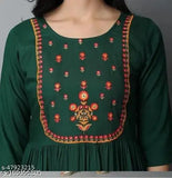 Dark green rayon embroidered Anarkali Kurti by Ridhu, three-quarter sleeves, women's fashion from India