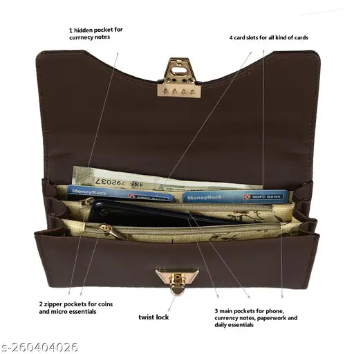 Brown faux leather ALSU women's hand clutch wallet, 3 compartments, free size (8"x4"). Elegant design with durable stitching and premium twist lock. Perfect for everyday use or gifts. Made in India