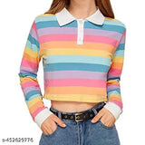 Rainbow-striped Lycra long sleeve crop top for teen girls - medium