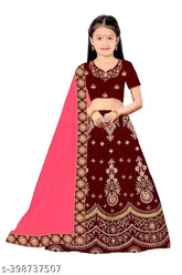 Embroidered satin lehenga choli with short sleeves and net dupatta, size for girls aged 11-12 years. Handcrafted Indian traditional clothing