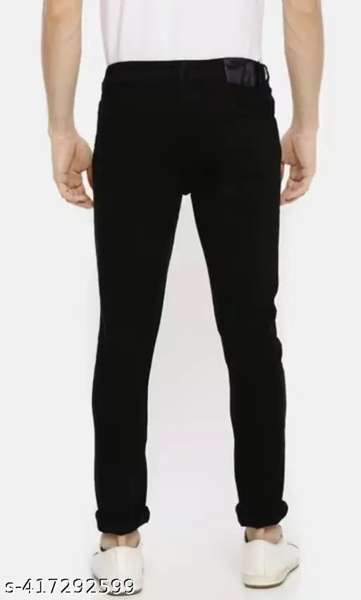 Black cotton slim fit denim jeans for men, featuring a washed pattern and comfortable mid-rise. Modern look, classic closure, sizes 28, 30, 32 (28in/40in/35in, 30in/40in/37in, 32in/40in/39in), origin India