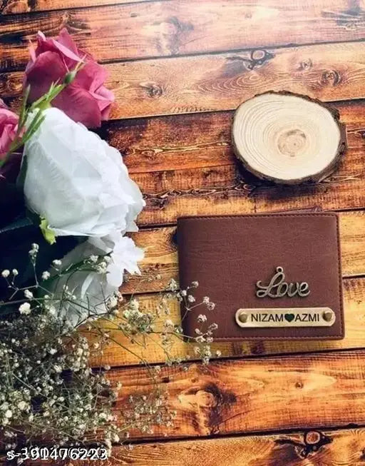Brown faux leather custom Name Wallet for men, solid pattern, 1 compartment, free size (L: 10cm x W: 11cm). Customize by messaging 9654485471 with order details