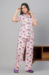 Pink polycotton printed shirt and pyjama set for women, soft and breathable bedtime attire with vibrant patterns