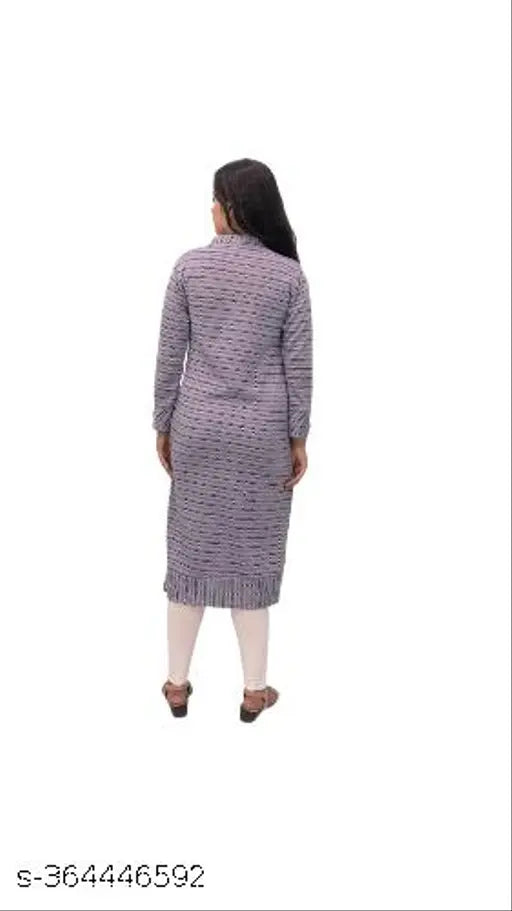 Woolen kurti for winters, long-sleeved printed combo in L (Bust 40in/Length 45in), XL (Bust 42in/Length 45in), XXL (Bust 44in/Length 45in). Warm woolen kurti with round collar and single side pocket
