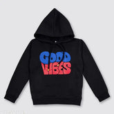 Wool full sleeve unisex hoodie with good vibes print, insert pocket, and hood, ideal for winter wear for kids aged 5-10 years
