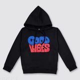 Wool full sleeve unisex hoodie with good vibes print, insert pocket, and hood, ideal for winter wear for kids aged 5-10 years