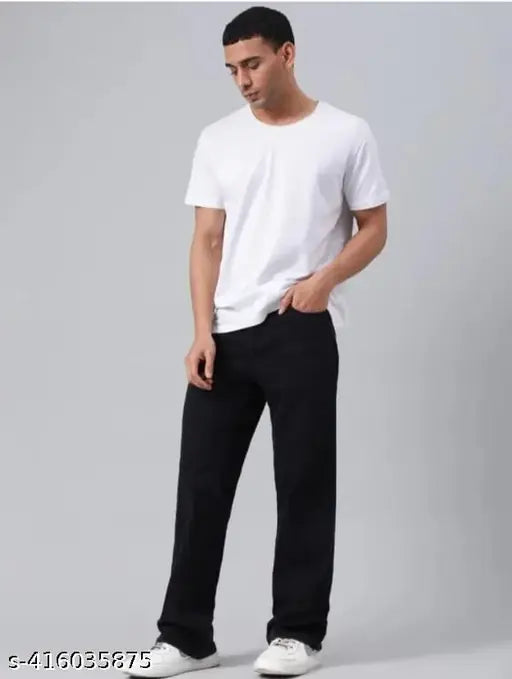 Black denim men's baggy jeans - solid pattern, high-quality party wear, size 28 (waist 28in, length 40in, hip 36in), made in India