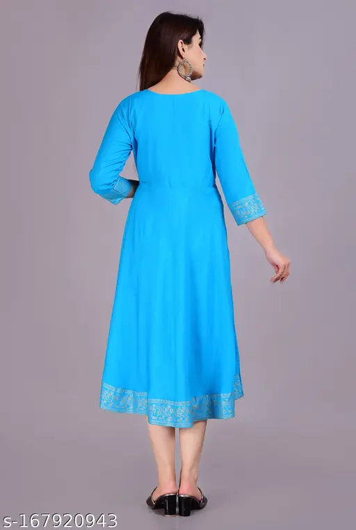 Blue rayon Anarkali kurti, three-quarter sleeves, solid combo. Trendy, modern, smooth fabric, flattering for all body types, India origin