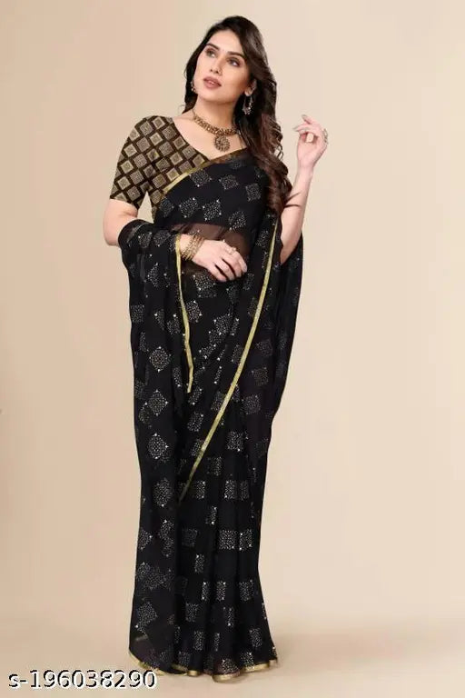 Chiffon saree with brocade blouse, printed zari pattern, single free-size, Indian origin