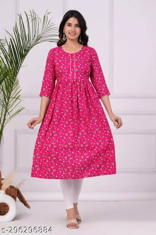 Rayon anarkali kurta, floral printed with lace work, three-quarter sleeves, premium quality for Indian fashion
