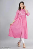 Pink embroidered rayon kurti, three-quarter sleeves, keyhole neck, flared hem - Indian women's party wear