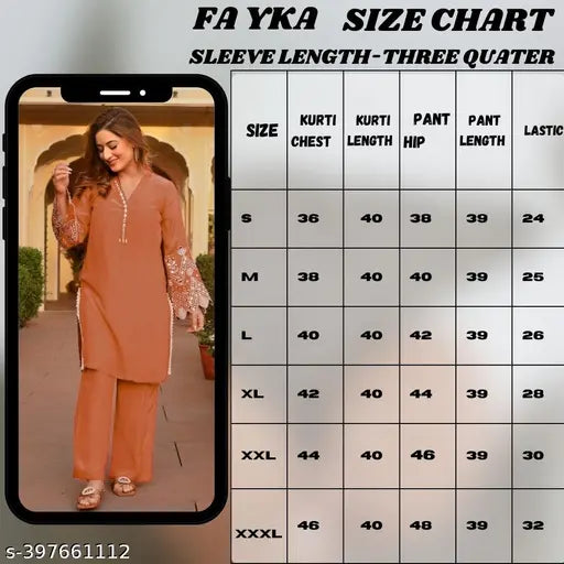 Rayon embroidered kurta set with lace, featuring long sleeves and viscose rayon bottomwear. Pack includes various sizes from S to XXXL for versatile fit