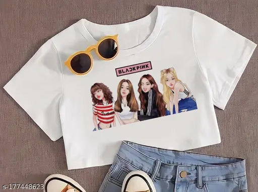 Black and pink printed crop top for girls party wear, featuring BTS design. Short sleeves, available in sizes XS to XL, originating from India