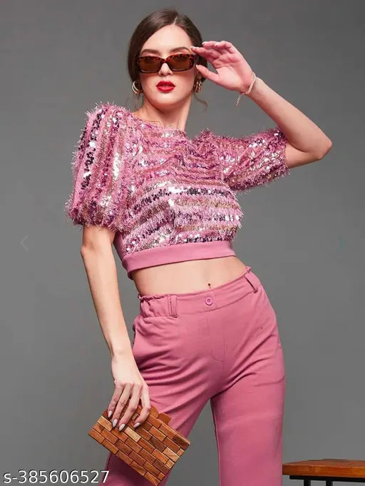 Wazix pink and gold-toned embellished crop top with matching pants, polyester fabric, short sleeves, puff sleeves, and chain closure. India-origin fashion set