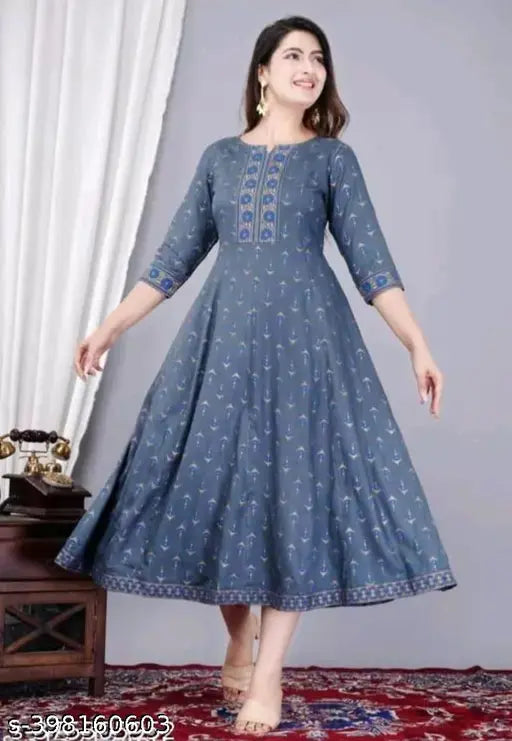 Rayon Anarkali printed kurta, three-quarter sleeves, vibrant Indian traditional design. (S: Bust 36in, XL: Bust 42in)