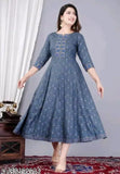 Rayon Anarkali printed kurta, three-quarter sleeves, vibrant Indian traditional design. (S: Bust 36in, XL: Bust 42in)