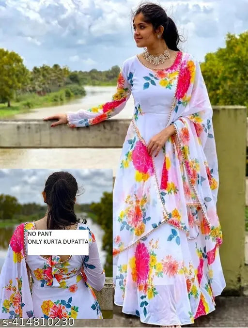 Indian georgette A-line flared dress, long and full length for women's parties or weddings. Three-quarter sleeves, available in S, M, L, XL, XXL sizes