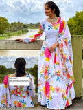 Indian georgette A-line flared dress, long and full length for women's parties or weddings. Three-quarter sleeves, available in S, M, L, XL, XXL sizes