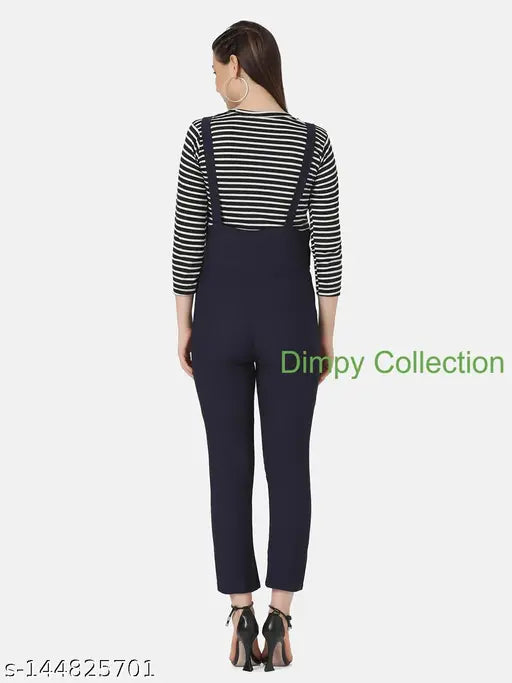 Navy twill dungaree dress with striped top, adjustable shoulder straps and side pockets, best for casual days and colleges. Made in India
