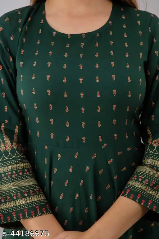 Green printed rayon Anarkali kurti for women, three-quarter sleeves - Lovelight focus on quality Indian fashion