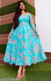 Sky blue georgette dress with long sleeves, printed combo on designer one-piece gown for women
