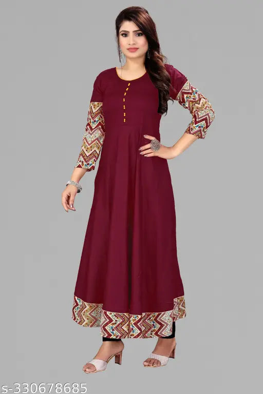 Maroon rayon Anarkali Kurti with three-quarter sleeves, solid border design. Casual yet elegant traditional dress suitable for various occasions. Perfect fit sizes available. Indian craftsmanship, comfortable cotton fabric
