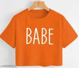 Trendy feminine printed crop tee shirt, cotton blend with short sleeves, vibrant colorful pattern