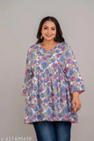 Multicolor viscose rayon Angrakha-pattern plus size short kurti, featuring three-quarter sleeves and flared design. Perfect for fashion-forward women seeking comfortable yet stylish attire