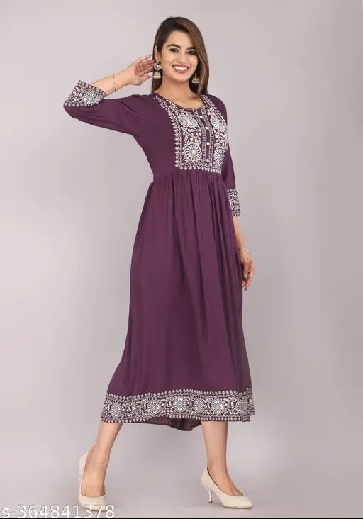 Rayon Anarkali kurti, three-quarter sleeves, perfect for casual events and weekend get-togethers. Available in S-XXXL sizes. Indian handcrafted fashion on display