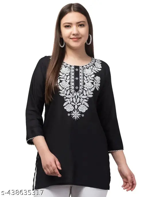 Rayon embroidered short kurti, three-quarter sleeves, women's traditional Indian top