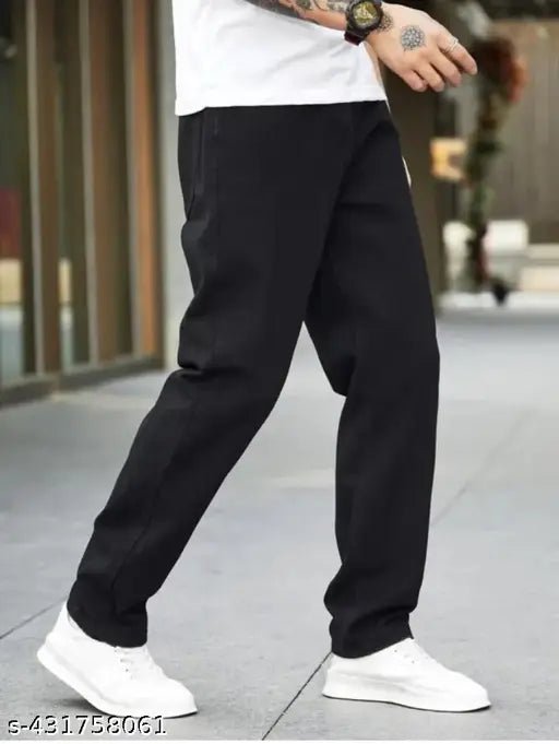 Black polycotton straight-fit ankle length jeans for men and boys with loose boot leg - VYESH denim jeans on mannequin