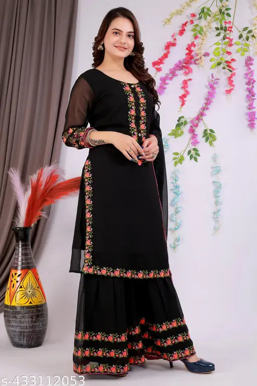 Black Georgette Embroidered Kurta Set with Dupatta and Bottomwear (L-XXL), Zari Lace Work, Indian origin
