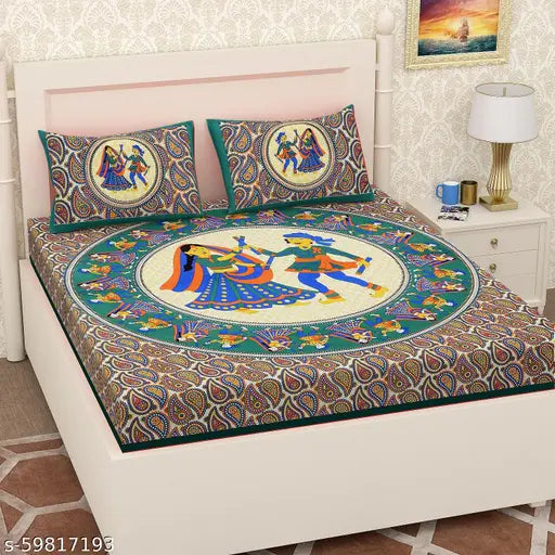 Cotton DANDIYA C GREEN flat sheets, Jaipuri pattern, two pillow covers, ideal for adults during heavy winter, made in India