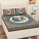 Cotton DANDIYA C GREEN flat sheets, Jaipuri pattern, two pillow covers, ideal for adults during heavy winter, made in India