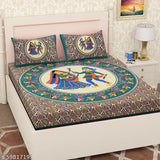 Cotton DANDIYA C GREEN flat sheets, Jaipuri pattern, two pillow covers, ideal for adults during heavy winter, made in India