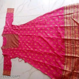 Pink rayon Anarkali Janki kurti with three-quarter sleeves and printed net pattern. Women's Indian fashion, quality checked product from Jaipur, India