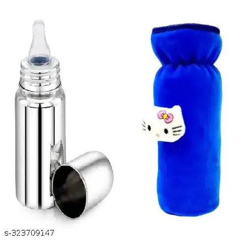 Stainless steel baby feeding bottle with blue cover, high-grade silicon nipple, easy to hold design, 250ml, leak proof, BIS/ISI certified