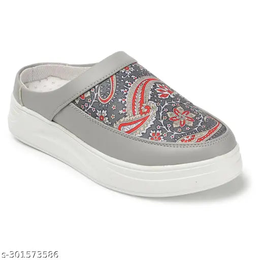 MangoGrey synthetic printed ballerinas, open back design for fashionable Indian footwear