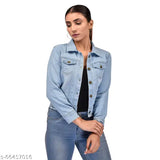 Denim Girls Jacket, solid-colored long sleeve denim jacket for women, size M (bust 19in, length 20in, waist 18in), made in India